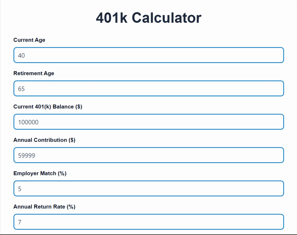 By inputting these figures into a 401k Calculator, you can see how much you might have saved by retirement and how your contributions